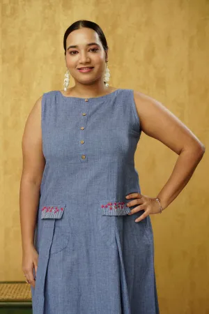 Beautifully designed Denim Blue Dress in Khadi Cotton