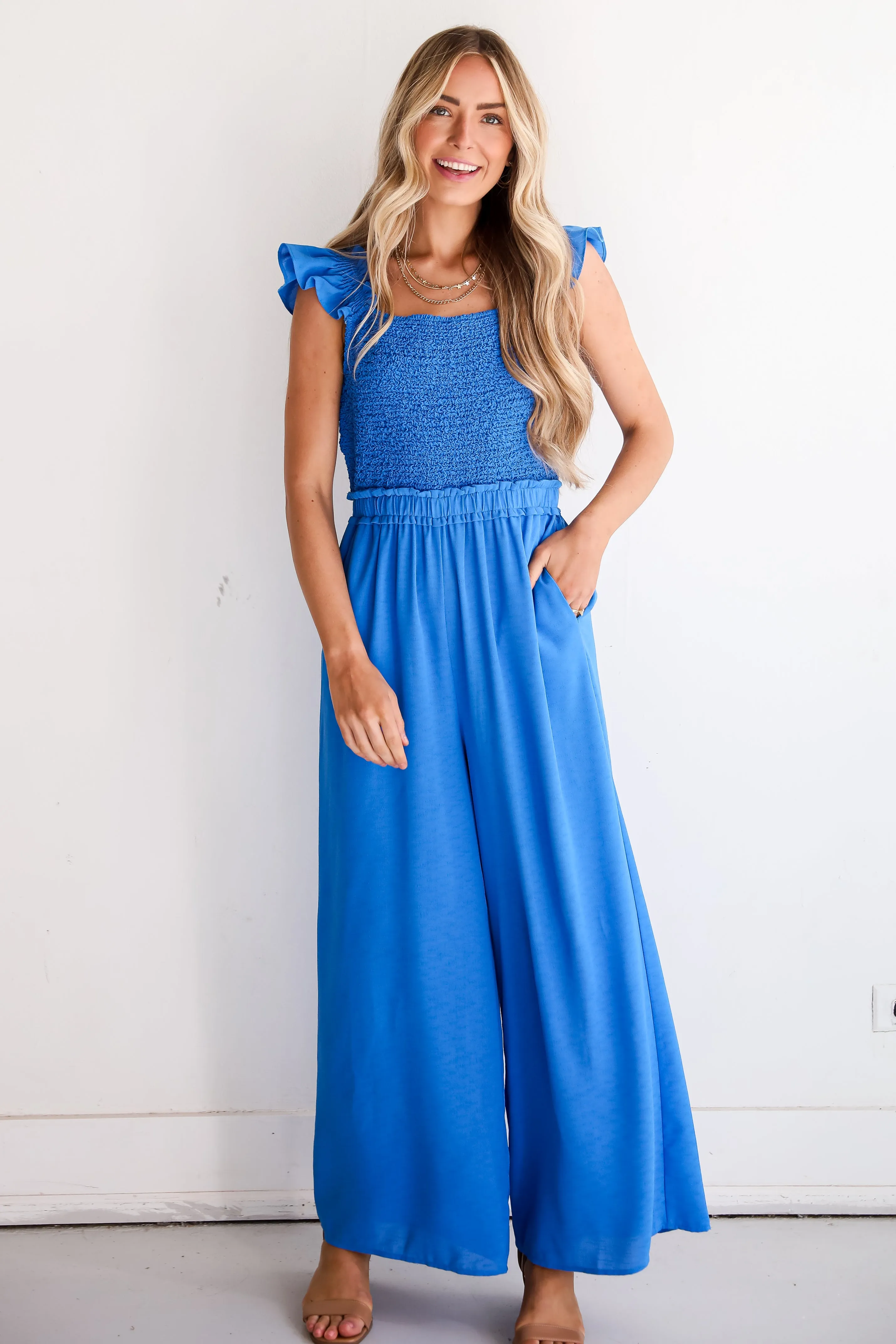 FINAL SALE - Alluring Sweetheart Blue Smocked Jumpsuit