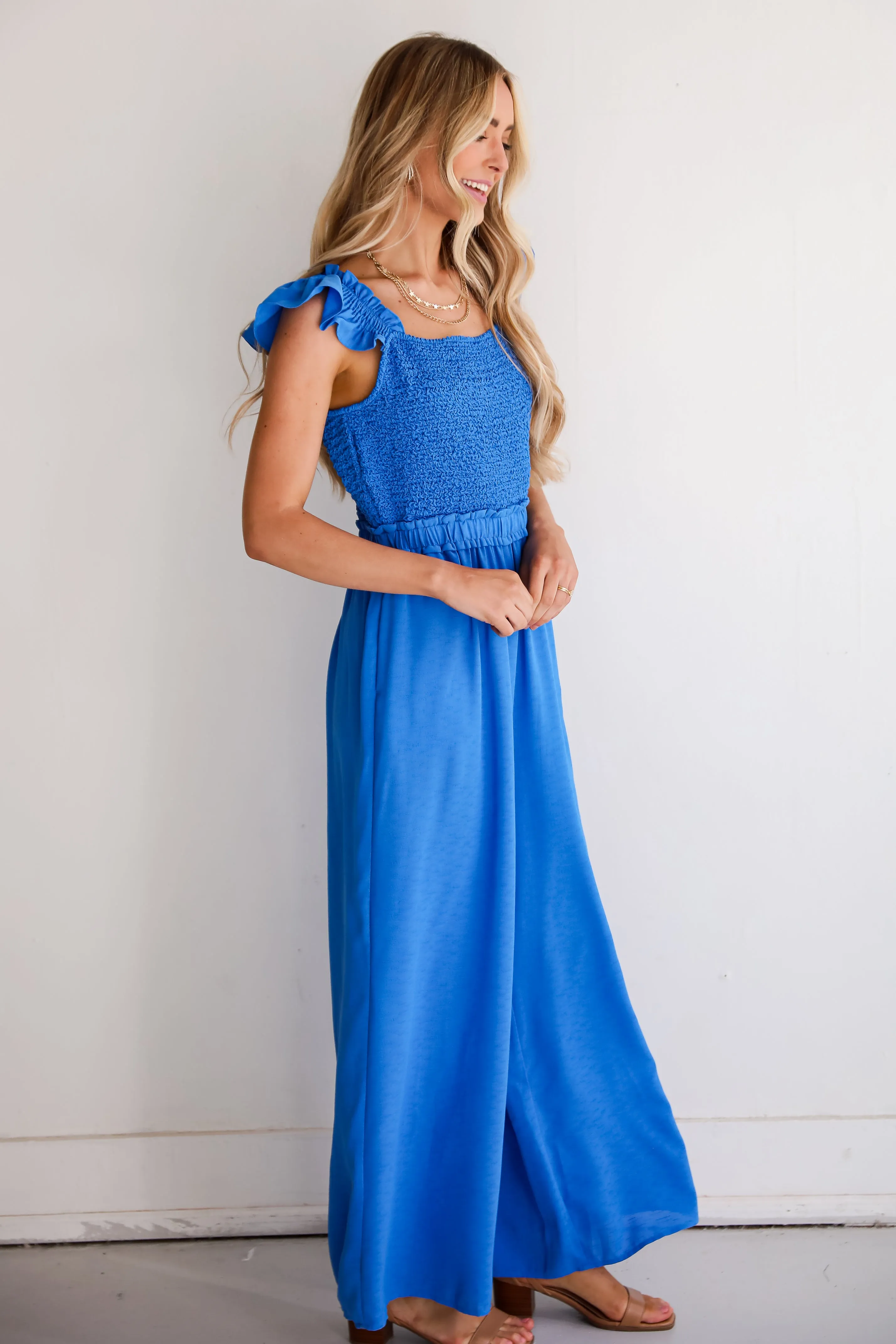 FINAL SALE - Alluring Sweetheart Blue Smocked Jumpsuit