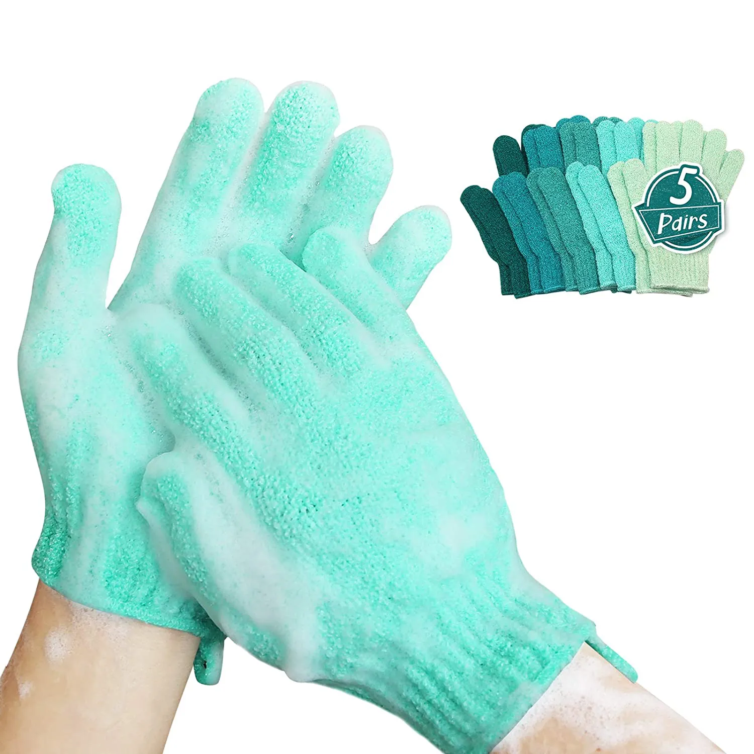 MIG4U Shower Exfoliating Scrub Gloves Medium to Heavy Bathing Gloves Body Wash Dead Skin Removal Deep Cleansing Sponge Loofah for Women and Men 5 Pairs 5 Colors