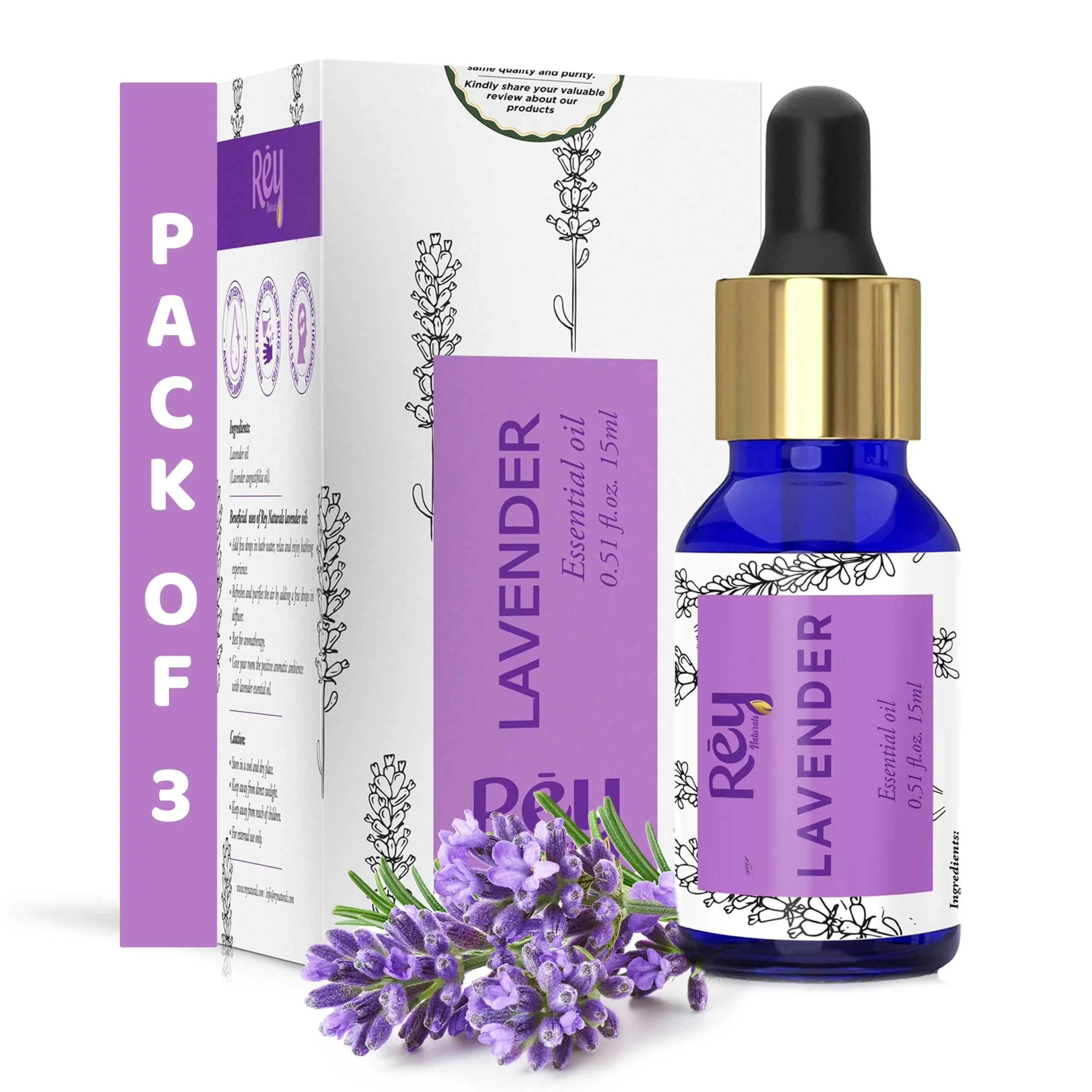 Rey Naturals Lavender Essential Oil For Skin Hair, Scalp & Relaxing Sleep | Essential Oil For Diffuser Cold & Cough Pain Relief | For Men And Women | 15ml