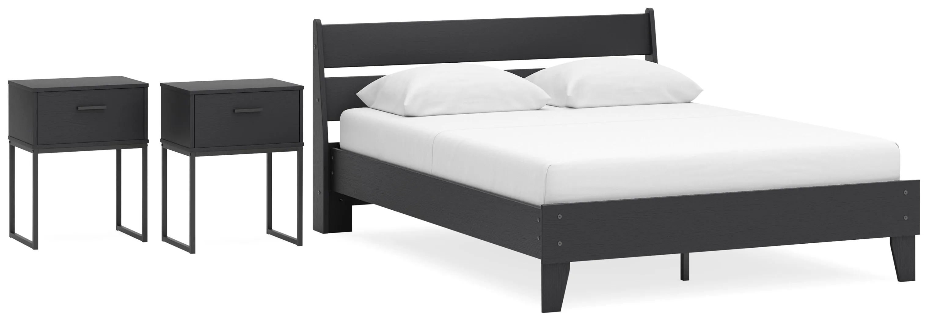 Socalle Queen Panel Platform Bed with 2 Nightstands in Black