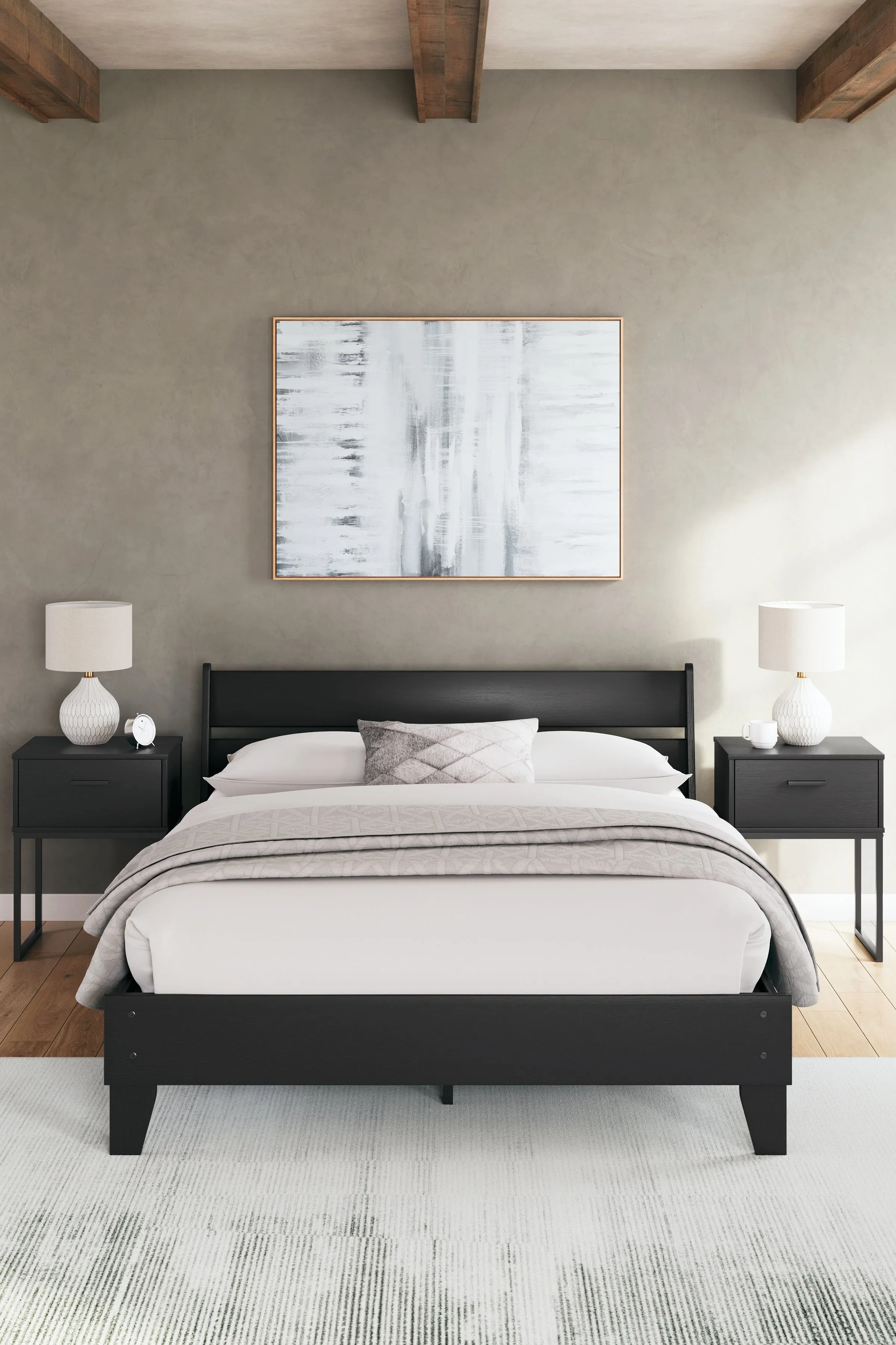 Socalle Queen Panel Platform Bed with 2 Nightstands in Black